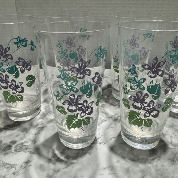 Vintage Violet Print 12oz Drinking Glass/Tumbler, Set Of 6, Lavender/Teal/Green - Picture 1 of 5